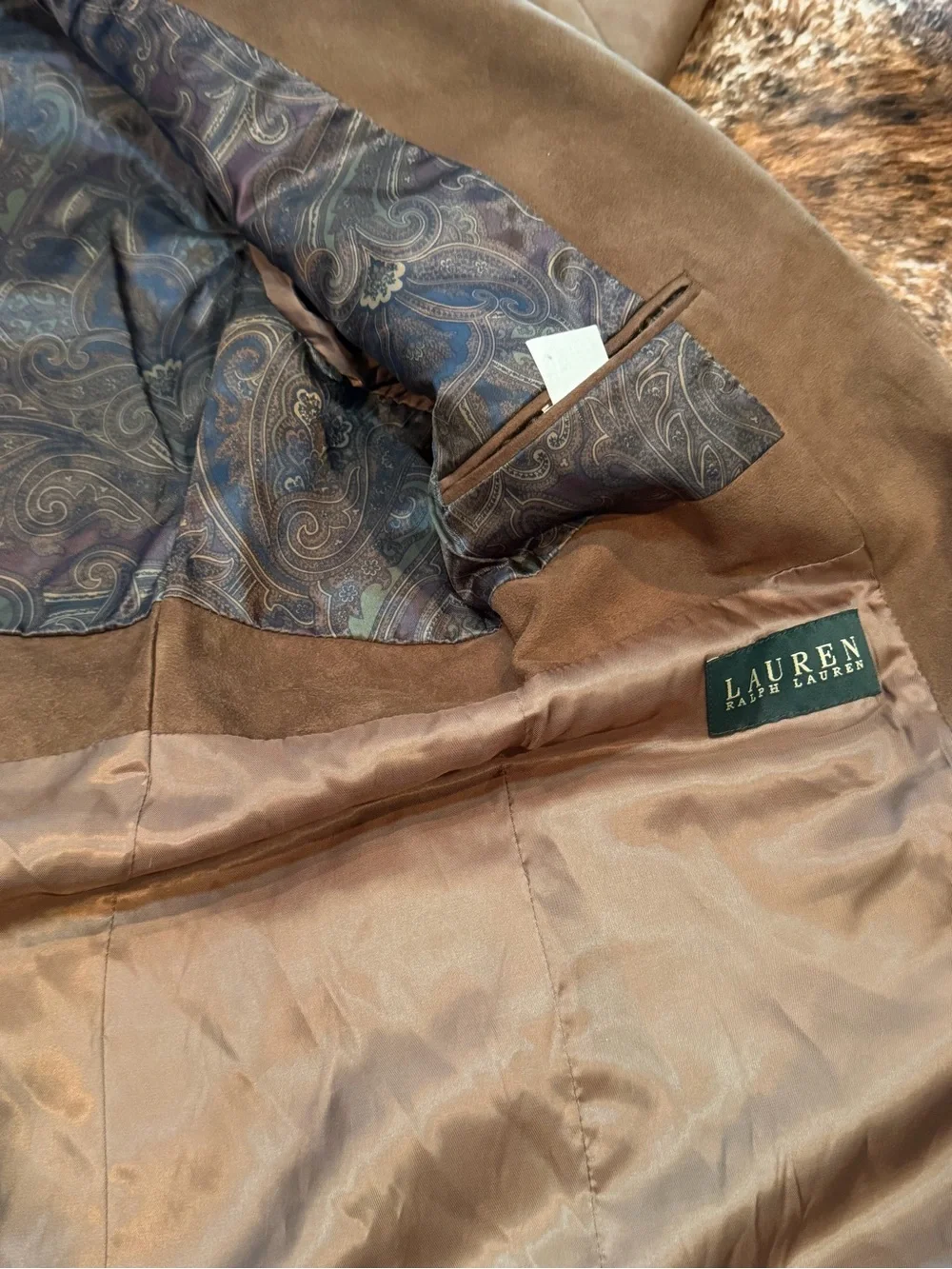 Lauren Ralph Lauren Blazer Men’s 40R Brown Suede Look Paisley Lining Sport Coat